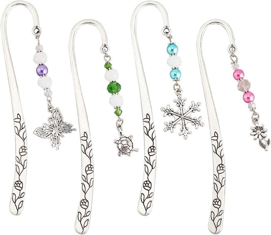 OLYCRAFT 4Pcs Hook Alloy Bookmarks Glass Beaded Bookmark Antique Silver Metal Bookmarks Vintage Bookmark with Butterfly/Flower/Tortoise/Snowflake Pendant for Book Lovers - About 6.5 inch