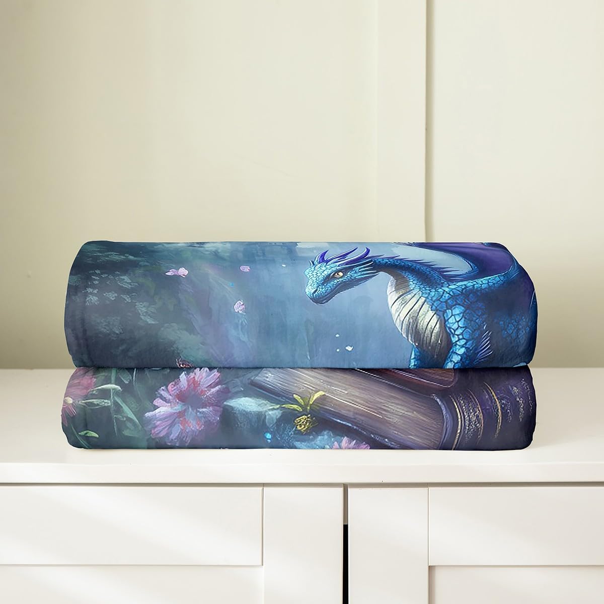 Western Dragon Flannel Blanket,Butterfly Daisy Flowers Castle Mystic Throw Blanket,Reading Books Wild Animal Cozy Throws for Bed Couch Sofa,Blue Soft and Breathable,Throw Size (50 x 60 Inches)