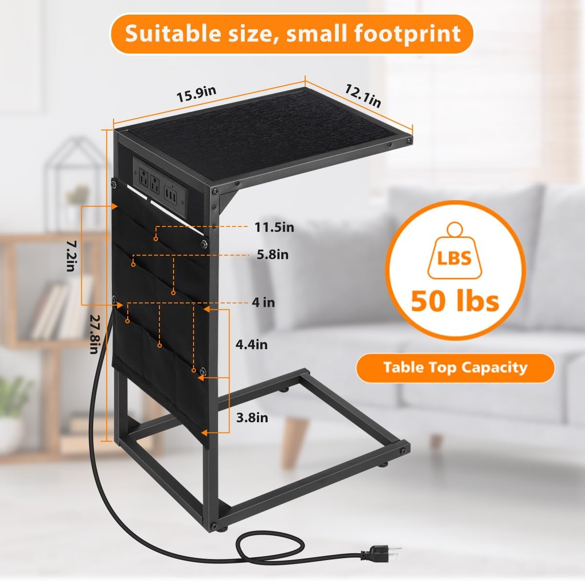 C Shaped End Table Set of 2, TV Tray with Charging Station, USB Ports and Outlets, Slide Under Couch, Storage Bag, for Small Spaces, Black