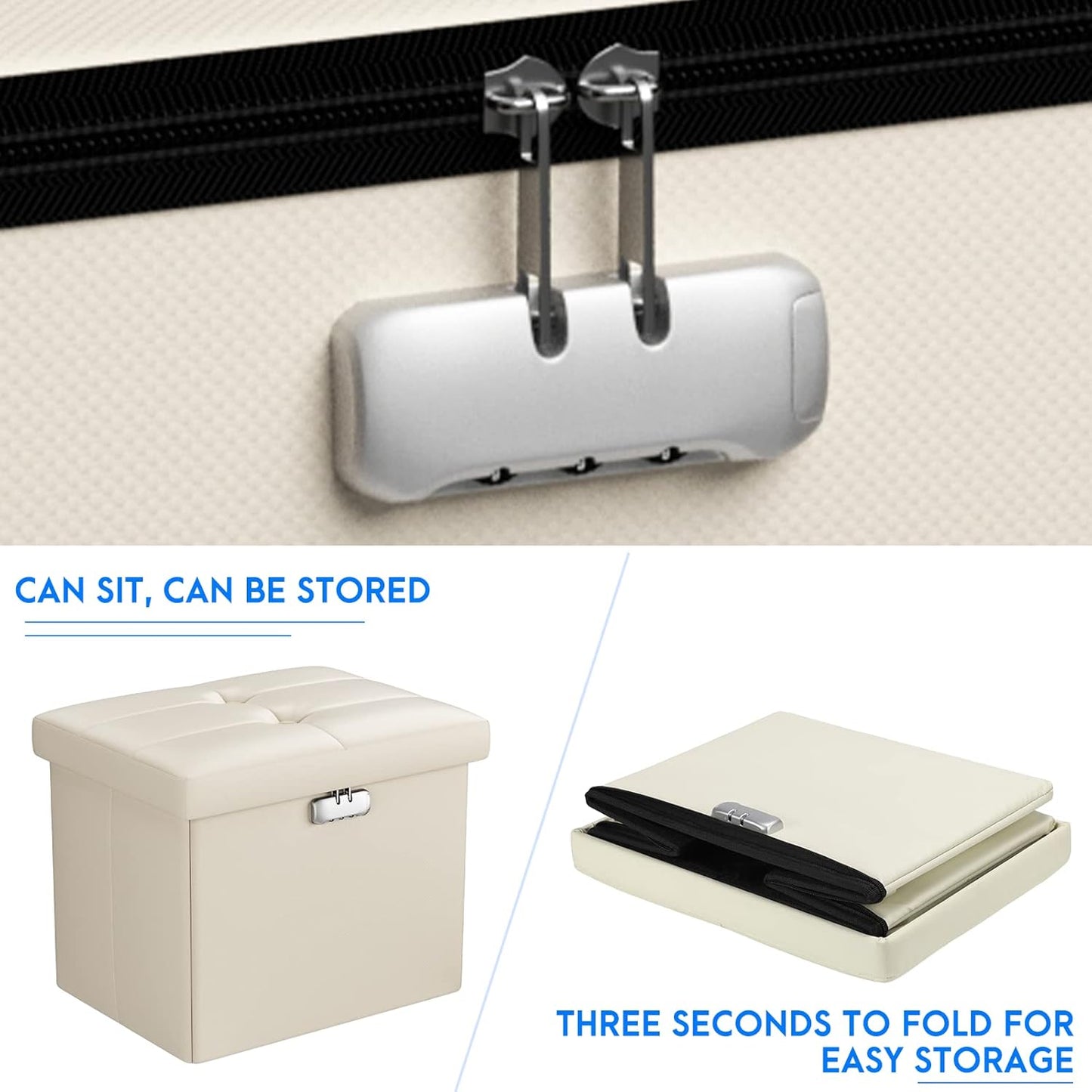 Tamfile Small Ottoman with Storage, 17 x 13 x 13 inch Fireproof Safe Folding Ottoman with Lock for Important Documents, Waterproof Foot Rest Stool with Storage, Ottoman Foot Rest with Handle, Beige