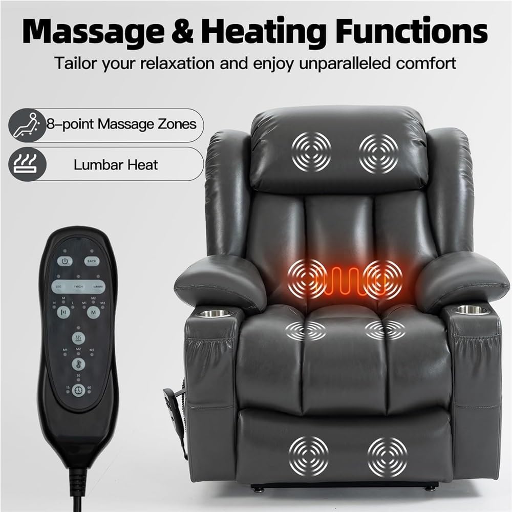 Lay Flat Power Lift Recliner Chair for Elderly with Dual Motor Massage Heating Breathable Leather Electric Lounge Chair 2 Cup Holders Remote Controls Comfortable Seating