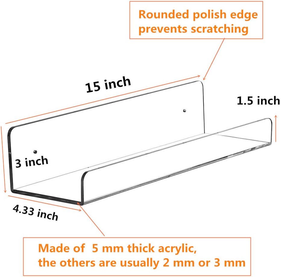 CY craft Clear Acrylic Floating Shelves Display Ledge, 5 MM Thick Wall Mounted Storage Shelf for Kitchen/Bathroom/Office,Invisible Kids Bookshelf and Spice Rack,15 Inch,Set of 4