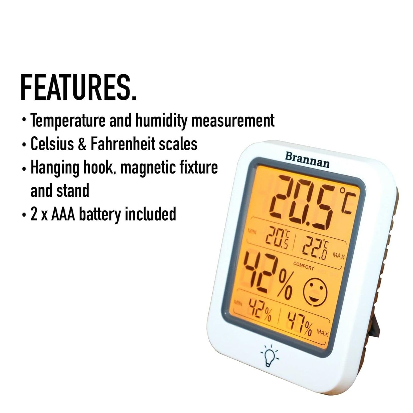 Brannan Digital Room Thermometer Hygrometer Indoor Humidity Meter Accurate Temperature Max Min Recording Backlight LCD Display Monitor Home Office Baby Room Nursery Greenhouse