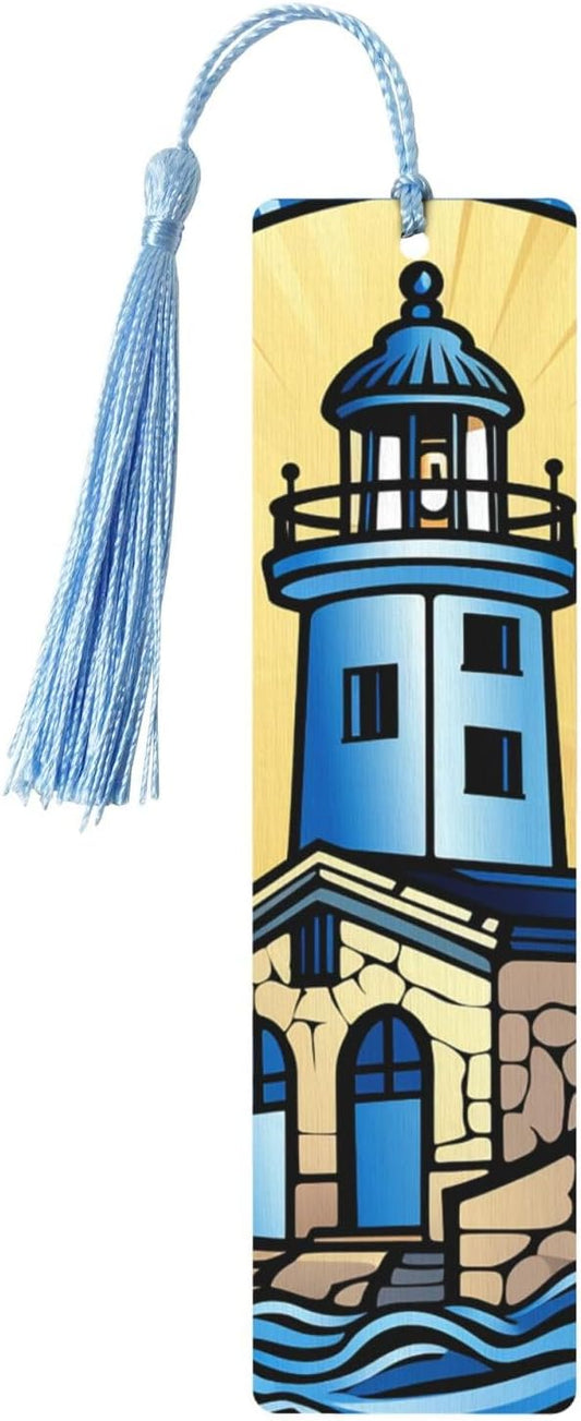 Blue Lighthouse Bookmarks Gifts for Women Men, Wooden Bookmarks for Book Lovers, Vintage Book Marks Ornaments with Tassel, Unique Personalized Reading Page Markers Sky Blue