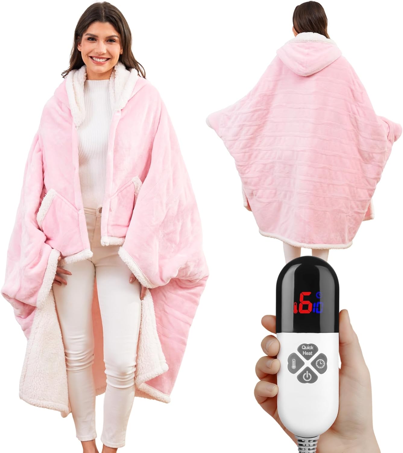 Heated Shawl Wraps for Women, Wearable Heated Throw Blanket, Electric Heated Wrap Poncho with Pockets,6 Heating Levels 4 Hours Auto-Off, Overheat Protection Machine Washable, 50”x64”, Pink