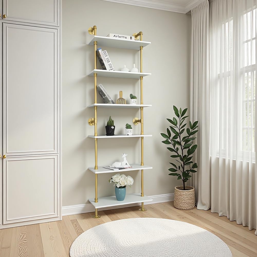 Industrial Gold Bookshelf-6 Tier Wall Mounted Ladder Bookshelf, Rustic Gold Storage Book Shelves Display Bookcases for Living Room/Home/Office