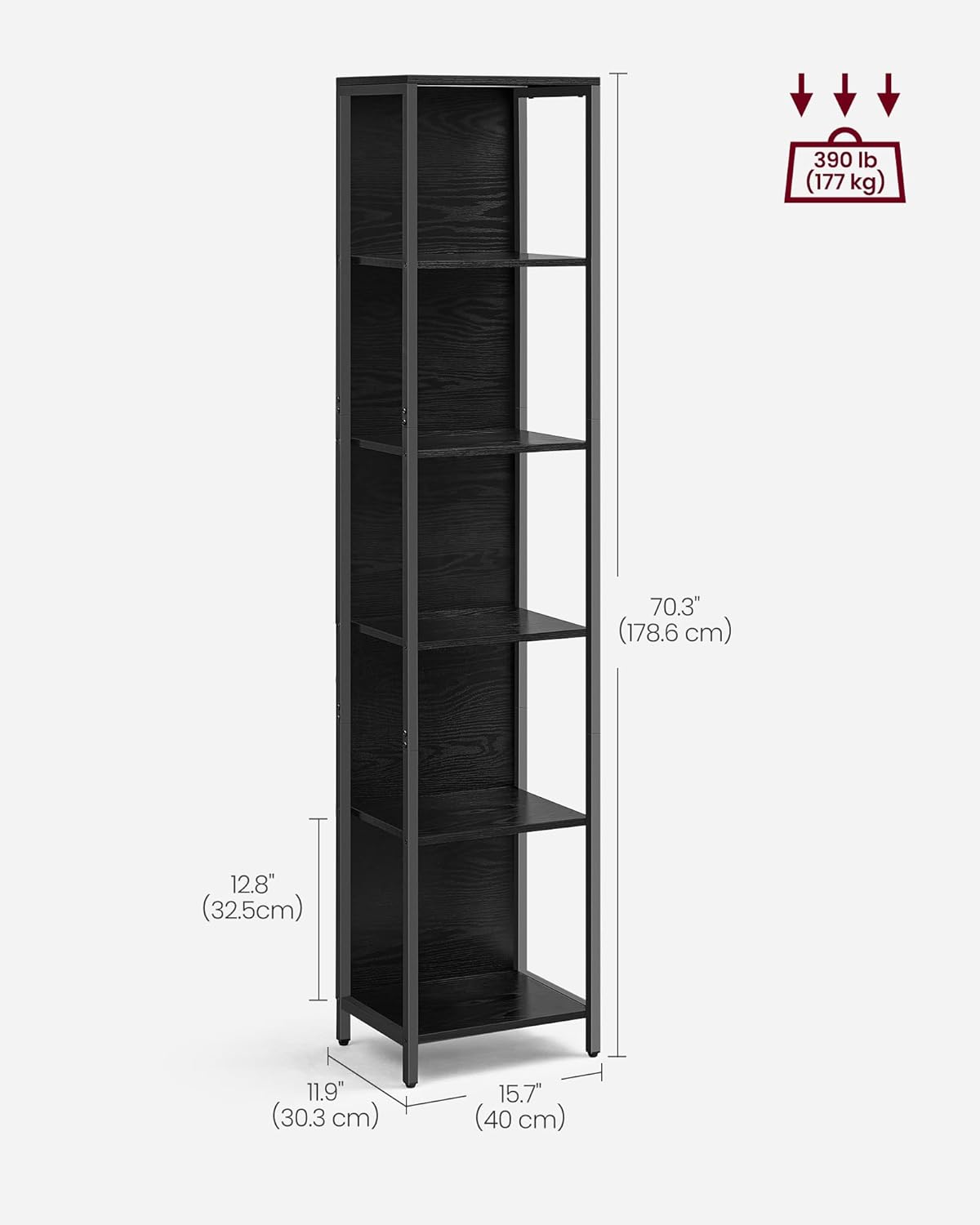 VASAGLE 6-Tier LED Bookshelf, Display Shelf with Dimmable Lights, LED Bookcase with Steel Frame, 11.9 x 15.7 x 70.3 Inches, for Living Room, Bedroom, Office, Black with Wood Grain ULLS121B56