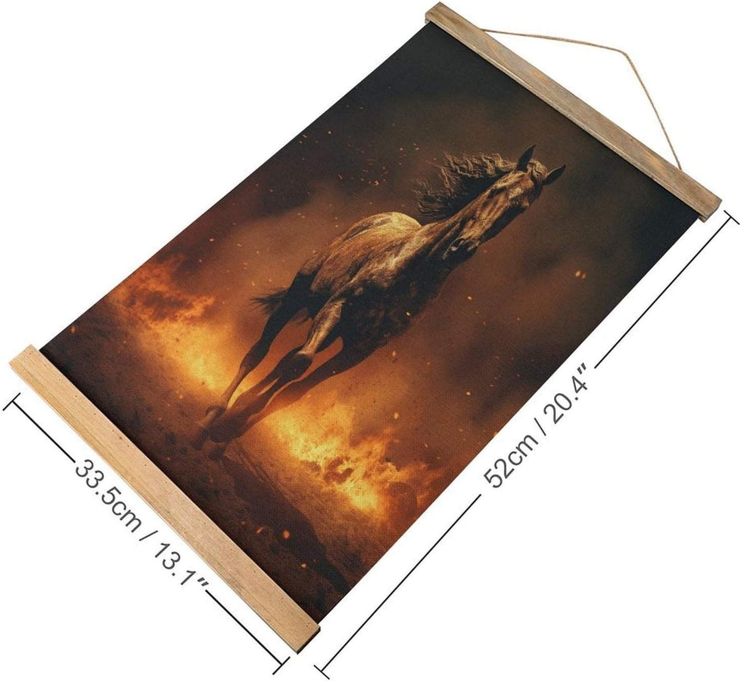 Vintage Flame Horse Poster with Wooden Frame Personalized Linen Hanging Scroll Painting Rustic Wall Hanging Illustrative Modern Artwork Decor for Home Living Room Bedroom Office
