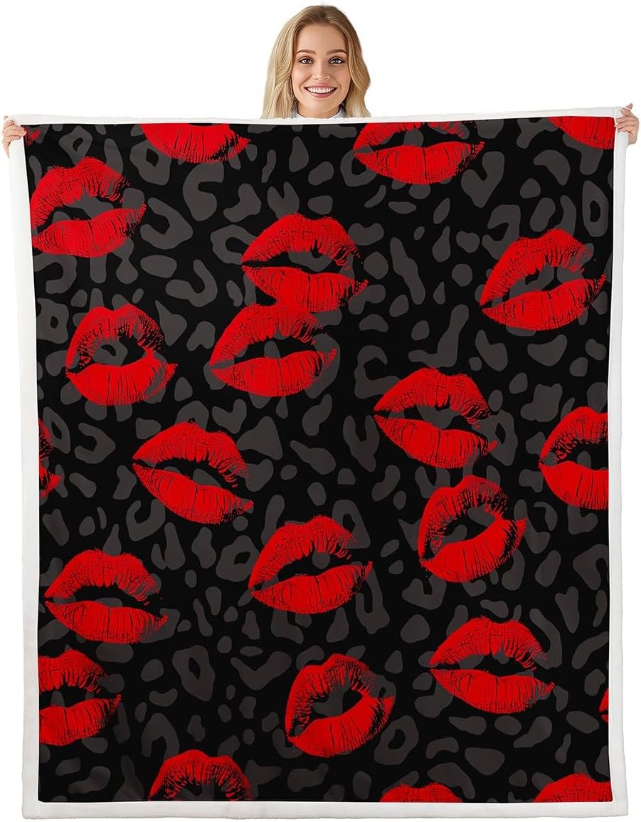 Castle Fairy Red Lips Print Fleece Throw Blanket, 50x60 Inch, Kiss Marks Pattern on Dark Black Leopard Background, Fuzzy for Sofa Couch, Romantic Style Polyester Flannel