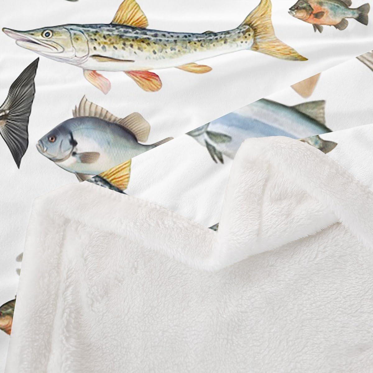 Erosebridal Fishing Fleece Blanket,Freshwater Fish Throw Blanket Twin 60x80 Inch for Bedroom Living Rooms Sofa Couch,Marine Life Fuzzy Blanket,Watercolor Wildlife Sherpa Blanket