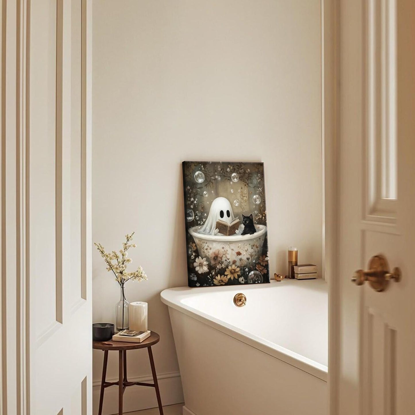 Halloween Ghost Bathroom Wall Art Set of 2, Funny Gothic Wall Decor Ghost and Black Cat in Bathroom Poster Canvas Prints Artwork Dark Academia Pictures for Bedroom Living Room 12x16 inch Framed
