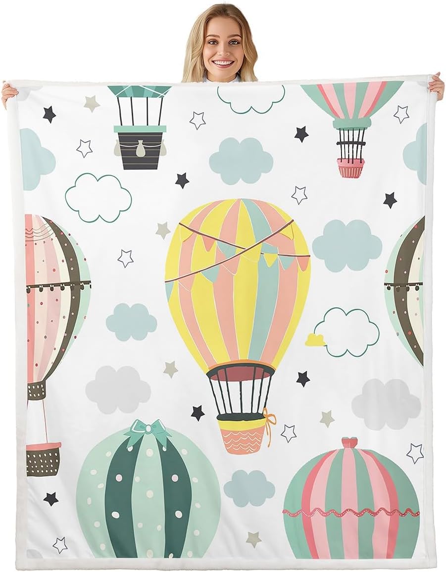 Hot Air Balloon Bed Blanket Star and Cloud Throw Blanket Soft Cozy Luxury Starry Sky Fleece Blanket Colorful Hot Air Balloon Flannel Blanket for Sofa Bedroom Office Travel All Season(Twin 60"x80")