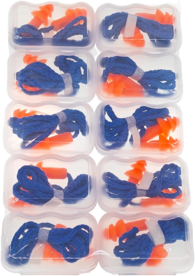 10 Pairs Corded Silicone Ear Plugs - with Plastic Carry Cases - Reusable Noise Cancelling Earplugs for Hearing Protection - Shooting Range Noise Reduction, Construction Work, Hunting Ear Protection