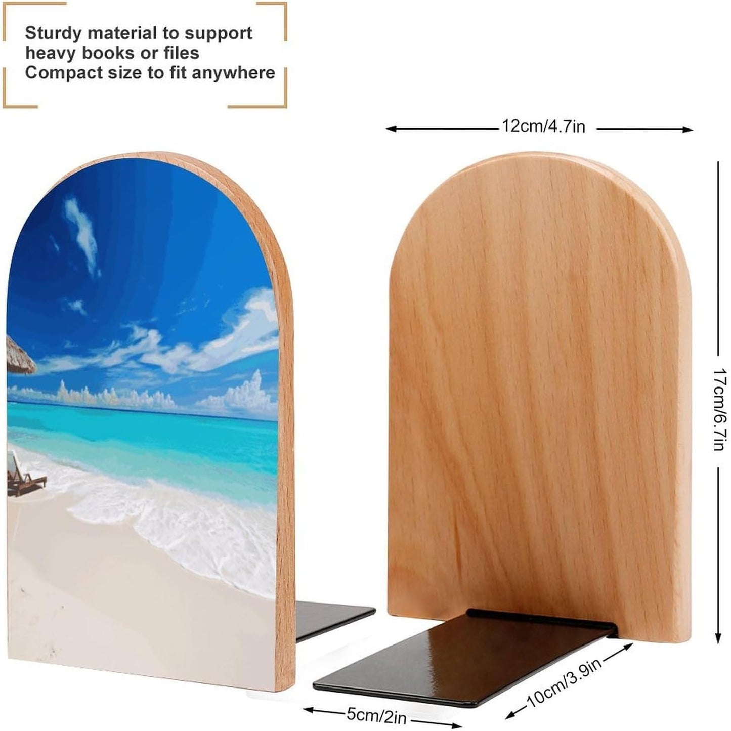 Non-Slip Bookend for Shelves White Beach Tropical Sea Wooden Bookends with Metal Base Decorative Book Stopper for Home Heavy Duty Wood Book Storage for Books/CDs
