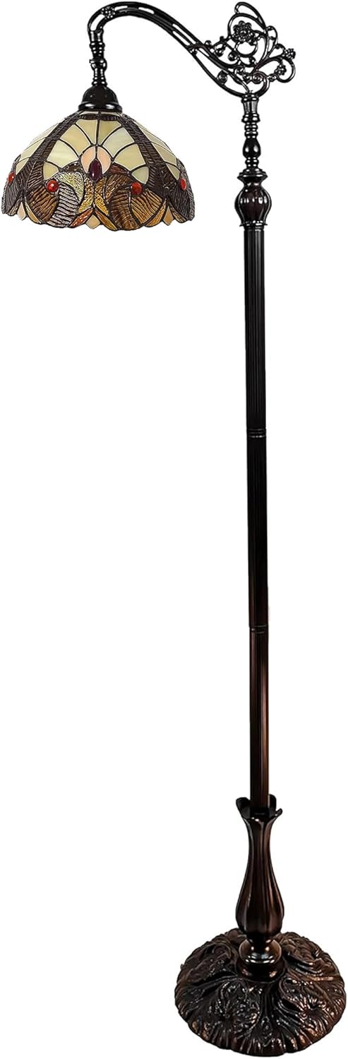 Amora Tiffany Style Floor Lamp Arched Vintage Antique 62" Tall Stained Glass Brown Red Tan Traditional Light Decor Bedroom Living Room Reading Gift AM344FL12 Lighting