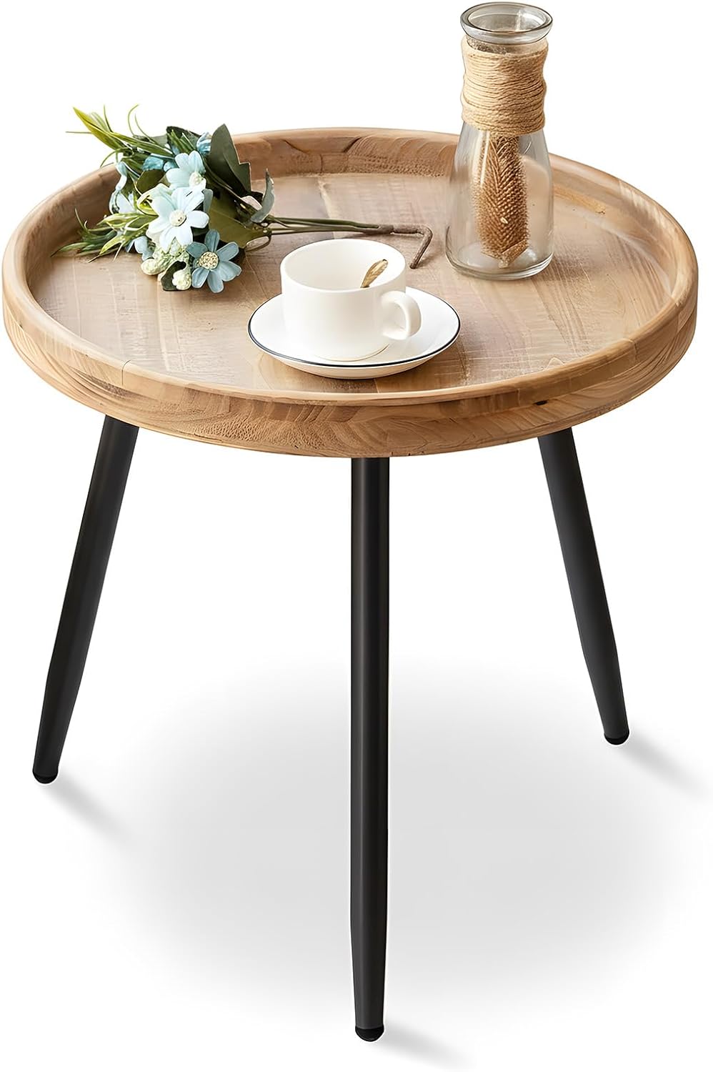Tiita Round End Table Mental Side Table Nightstand/Small Wood Tables Accent Coffee Table with Wooden Tray for Living Room Bedroom Office Small Space