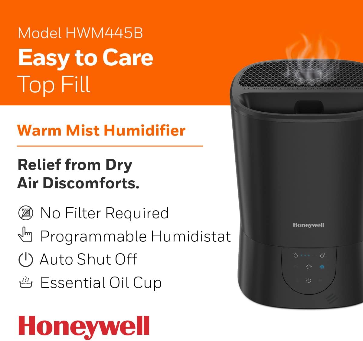 Honeywell Easy-to-Care Filter Free Warm Mist Humidifier, Medium Rooms, 1.5 Gallon Tank – Humidistat for Bedroom, Home or Office Black