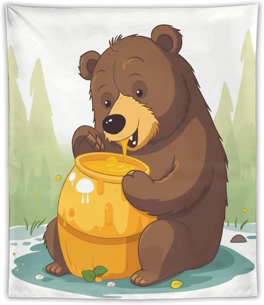 FodPand Bear Eats Honey Tapestry Anti-fading Wall Tapestry with Installation Kit Backdrop Banner Multipurpose Aesthetic Tapestries Boho Wall Art Hanging Decorative Blanket 50"x60"