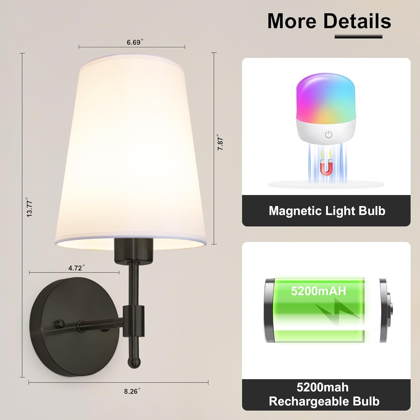 Battery Operated Wall Sconces Set of 2, Rechargeable Black Wall Sconce with Remote Control, 12 Colors RGB Magnetic Bulb, Wireless Battery Wall Lamp for Bedroom Living Room Hallway