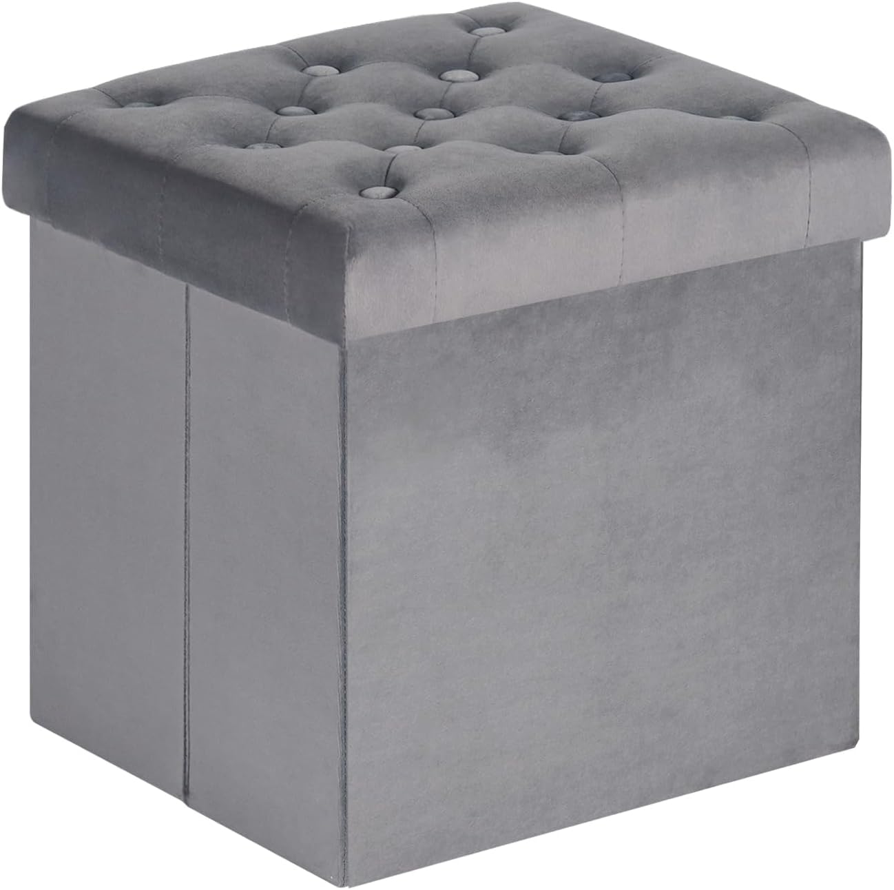 B FSOBEIIALEO Storage Ottoman Cube, Velvet Tufted Folding Ottomans with Lid, Footstool Rest Padded Seat for Bedroom (Grey, Medium)