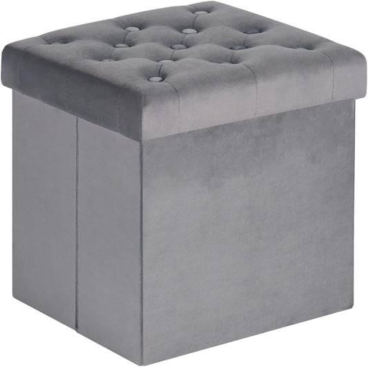 B FSOBEIIALEO Storage Ottoman Cube, Velvet Tufted Folding Ottomans with Lid, Footstool Rest Padded Seat for Bedroom (Grey, Medium)
