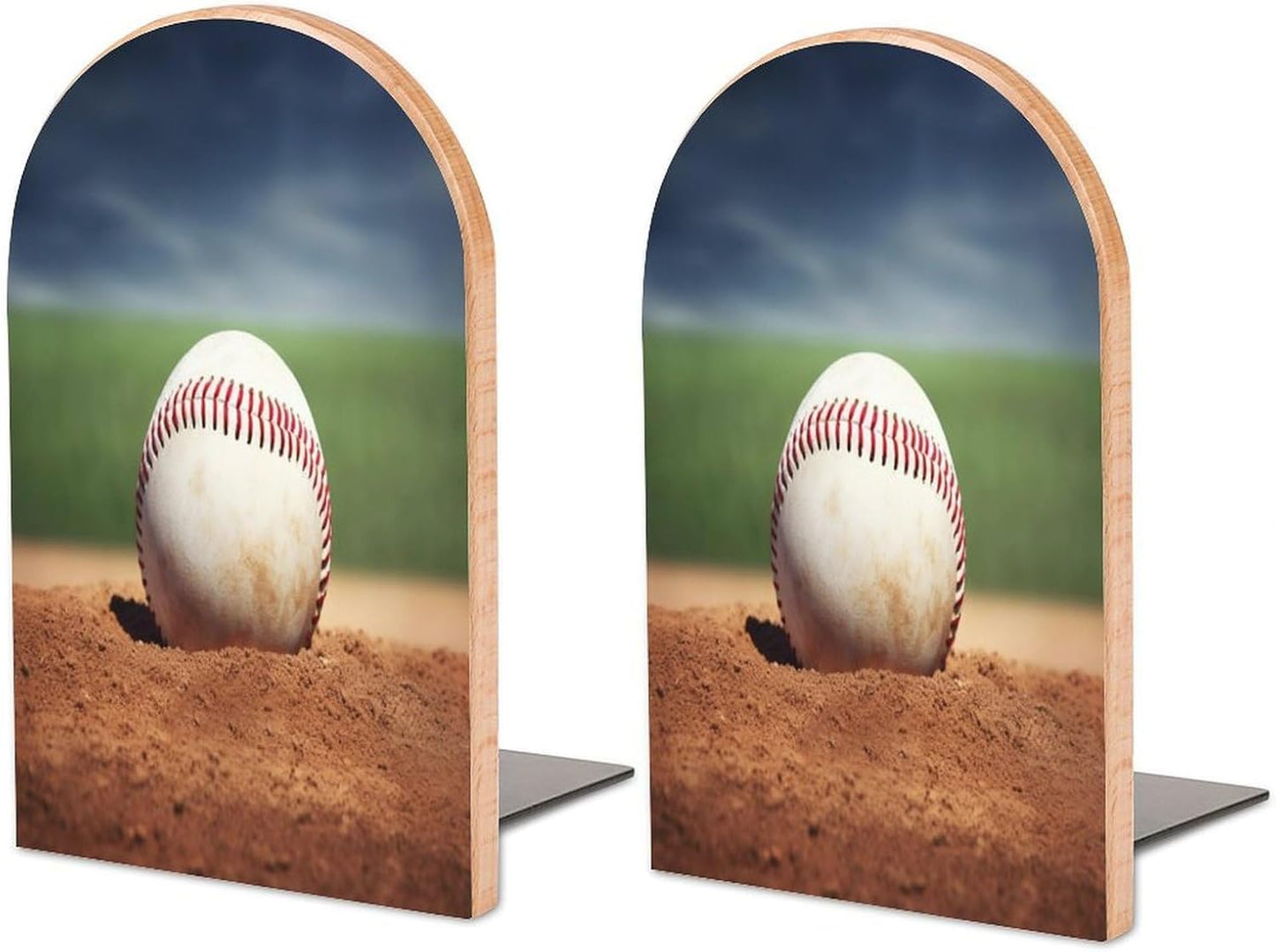 Baseball Bookend for Shelves Wooden Book End Large Size Sturdy Book Holders Stoppers with Metal Base for Bookshelves Slick Decorative Bookends Stands
