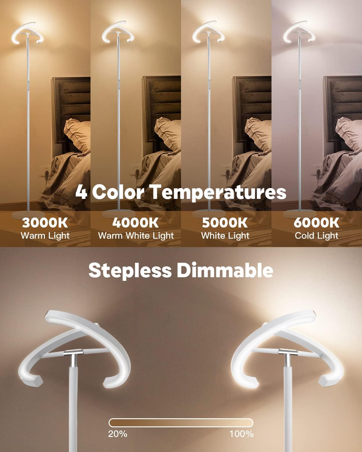 White Floor Lamp, Modern Stepless Dimmable Standing Lamp 3000-6000K, 20W LED Rotatable Reading Tall Lamp, Touch & Remote Control Uplighter Floor Lamps for Living Room Bedroom Office