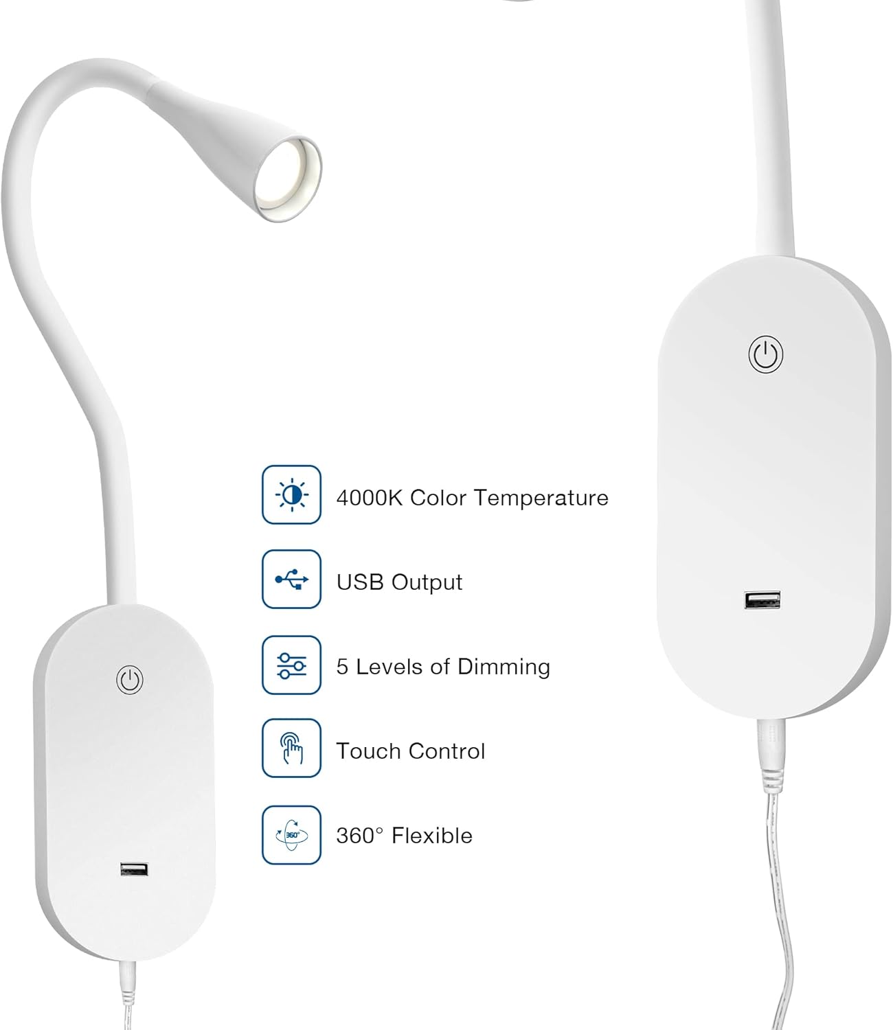 Wall Mount Reading Light, Focused Book Light for Reading in Bed, 5 Dimming, USB Output, 4 Hours Auto Off, Touch Control, Flexible Gooseneck Headboard Reading Lamp, Easy to Install White