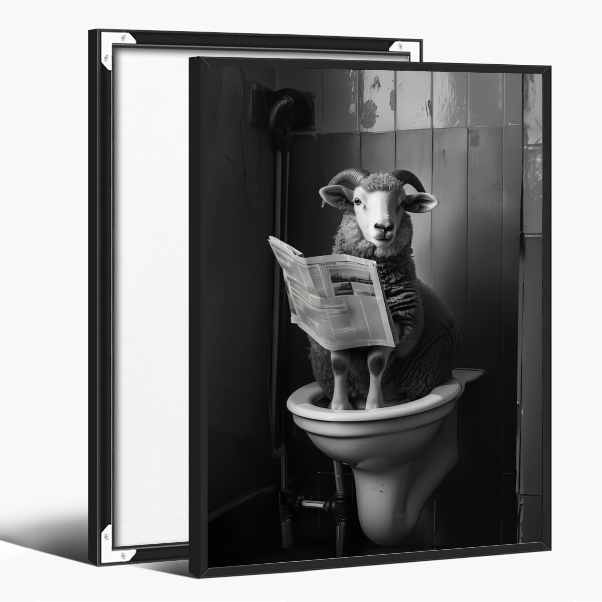 Black and White Animal wall art Funny Bathroom wall decor Sheep Sitting on Toilet Reading Newspaper Canvas Print poster Room decoration aesthetics for Rustic Farmhouse Restroom black framed8x12inch