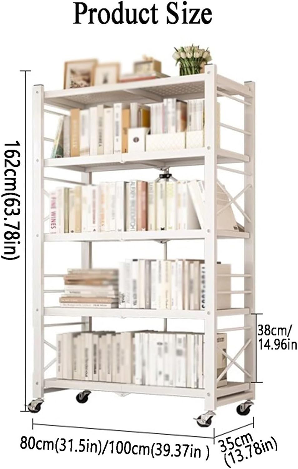 5 Cube Bookshelf, Foldable Simple Mobile Bookshelf, Multi-Layer Home Desk Side with Wheels, Suitable for Reading Corner, Living Room (Black, White)(Black,80 X 35 X 162cm) (White 100 X 35 X 162cm)