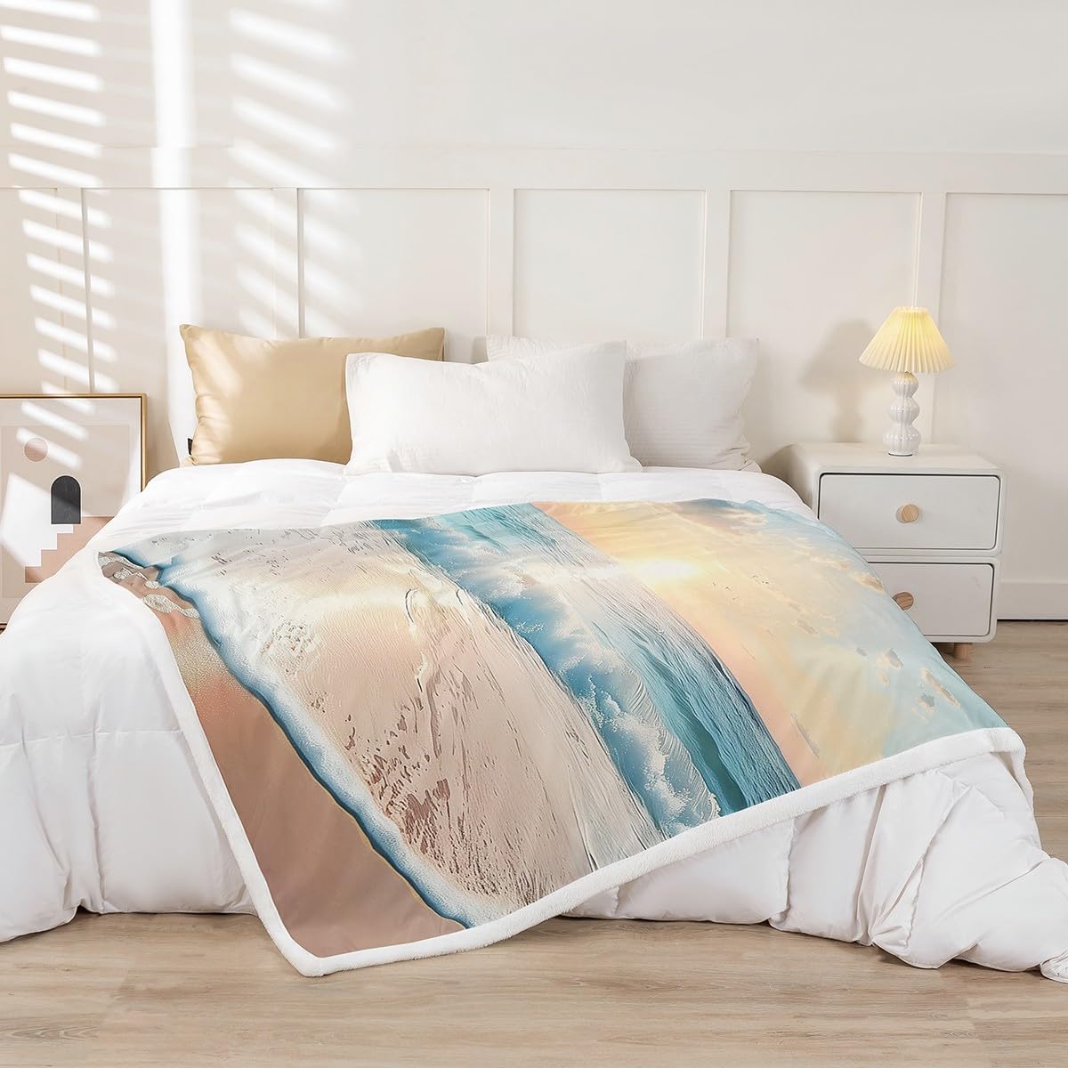 Feelyou Beach Flannal Blanket Queen 90"x90" Sunset Ocean Sea Seagull Fleece Throw Blanket for Bed Sofa Couch Natural Landscape Sherpa Blanket Room Decorations Flannal Blanket