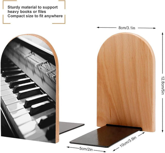 Piano Image Bookends 1 Pair Heavy Duty Book Ends for Shelves Non-Skid Bookend Supports Wooden Book Holders with Metal Base Desk Organizers Books Storage to Hold Books