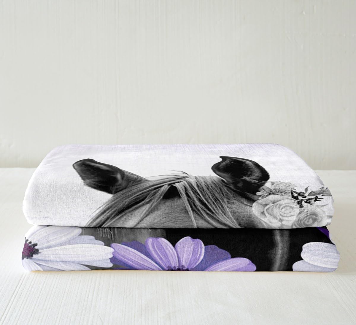 Feelyou Girls Horse Fleece Throw Blanket for Horse Lover Throw 50"x60" Farmhouse Daisy Floral Sherpa Throw Blanket 3D Horse Flower Plush Blanket Purple Abstract Room Decor Fuzzy Blanket