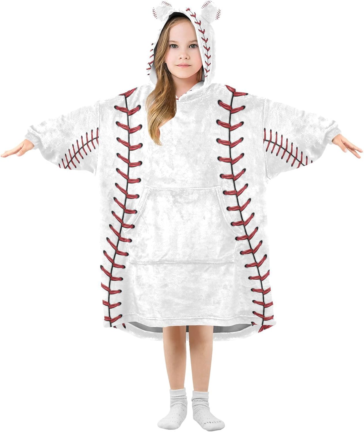 YETTASBIN Baseball Seams Wearable Blanket Hoodie for Kids, Oversized Soft Cozy Flannel Sweatshirt Blanket with Pocket
