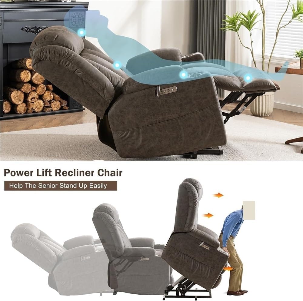 Electric Power Lift Recliner with Massage & Heat – Infinite Position Overstuffed Wide Leather Chair for Elderly, Breathable Seat, Metal Cup Holders, USB & Type-C Charging Ports for Living Room