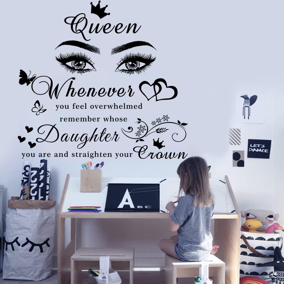 Girls Inspirational Wall Stickers Wall Art Quote Queen Wall Decals Positive Motivational Butterfly Decor Eyes Wall Sticker for Women Girls Bedroom Living Room Beauty Salon Home Decor.