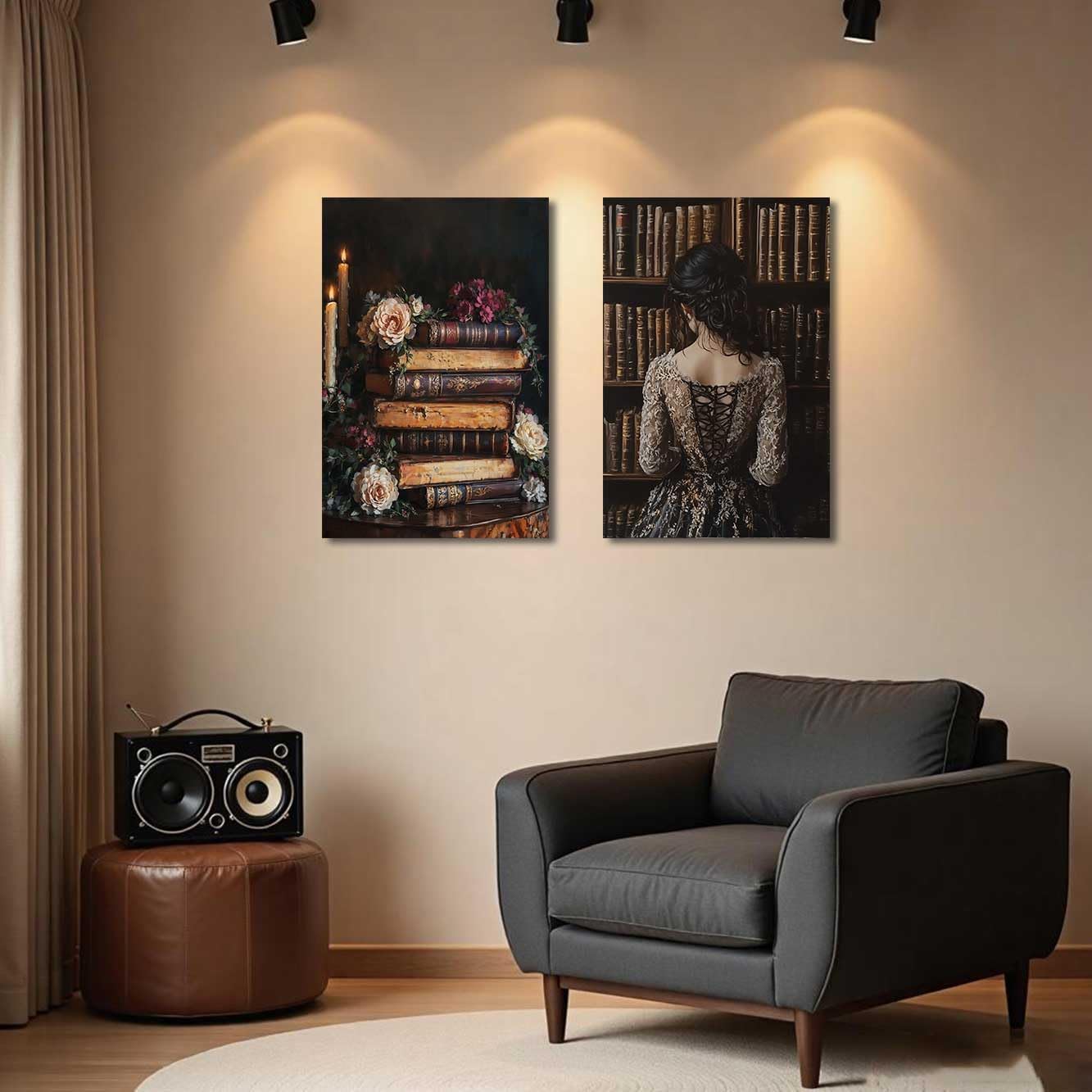 BJYCHG 2Pcs Vintage Women Reading Wall Art Moody Flower Books Canvas Prints Victorian Woman Pictures Dark Academia Aesthetic Paintings Bedroom Office Decor Framed (Black, (12x16inx2 Pieces))