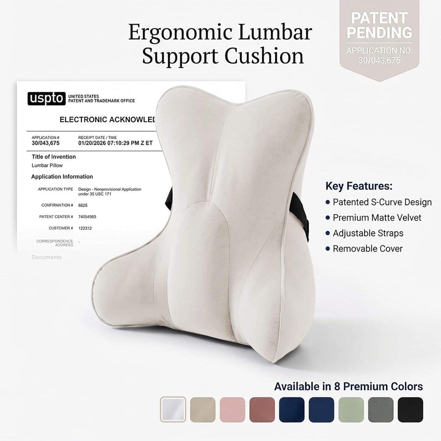 Lumbar Support Pillow(Pat. Pend) – Multi-Functional Ergonomic Back Cushion for Sofa Chair, Car Seat & Sofa, Reading Pillow with Firm Multi-Zone Support to Relieve Lower Back Pain, Misty White