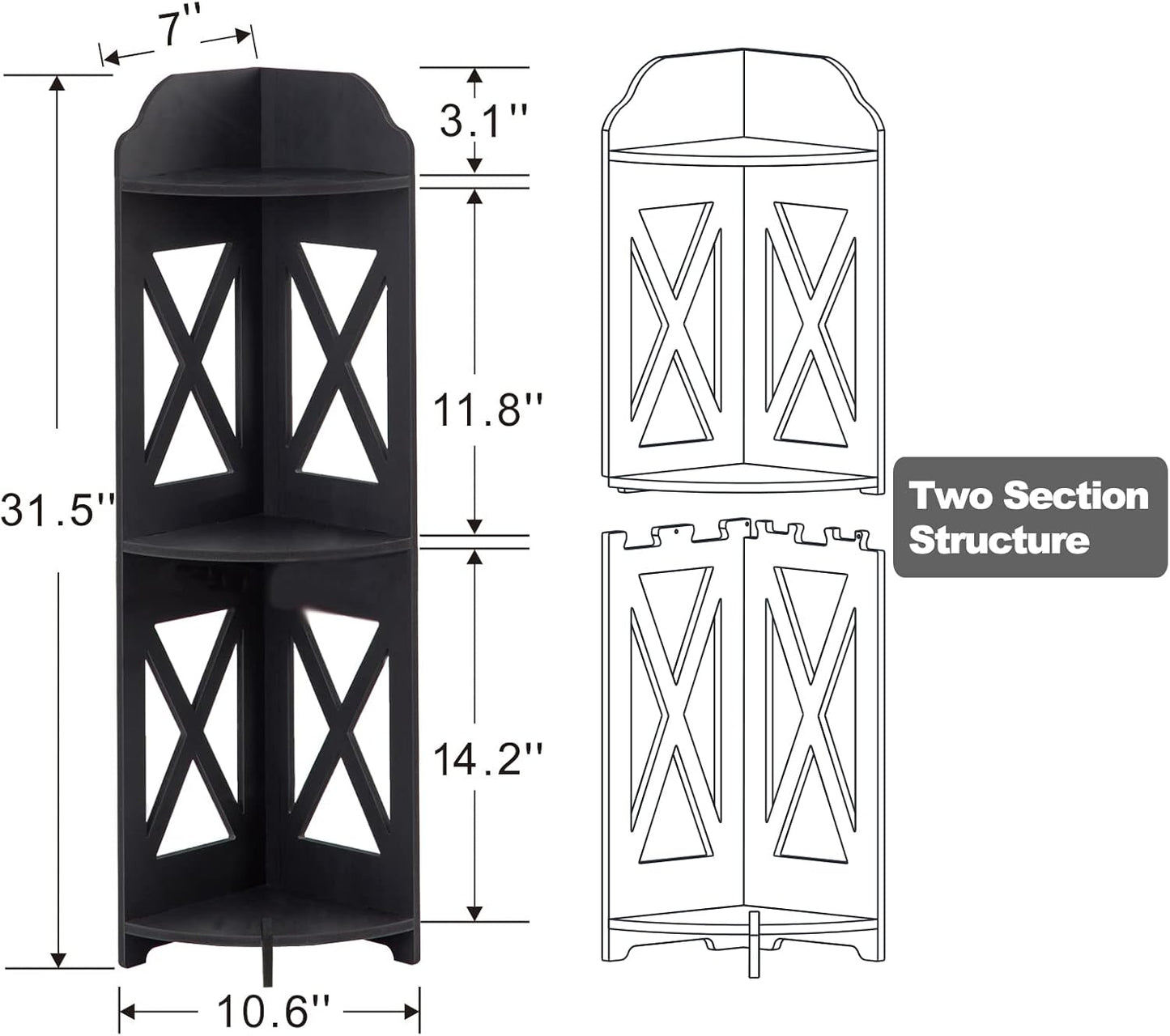 TuoxinEM Corner Table Great for Small Tiny Space Perfectly, Corner Bathroom Shelf Fit for Toilet Paper Storage, Black