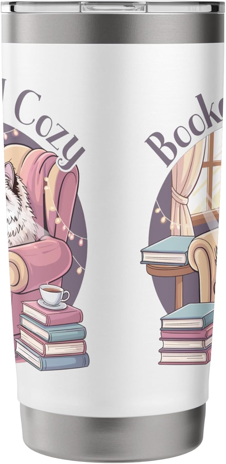 Booked and Cozy Cat Reading Bookworm Feline Reader Stainless Steel Insulated Tumbler