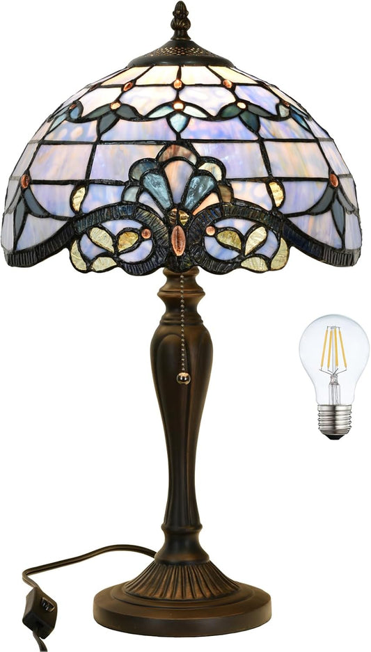 TL0015 Tiffany Table Lamp, Blue Baroque Stained Glass Shade, W12×OH21.5in, LED Bulb Included, for Bedroom Living Room (Blue Baroque)