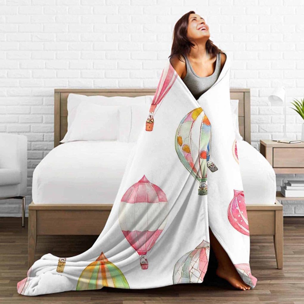 Mugod Balloon Throw Blanket Cute Watercolor Hot Air Balloons Pattern Decorative Soft Warm Cozy Flannel Plush Throws Blankets for Bedding Sofa Couch 50 X 60 Inch