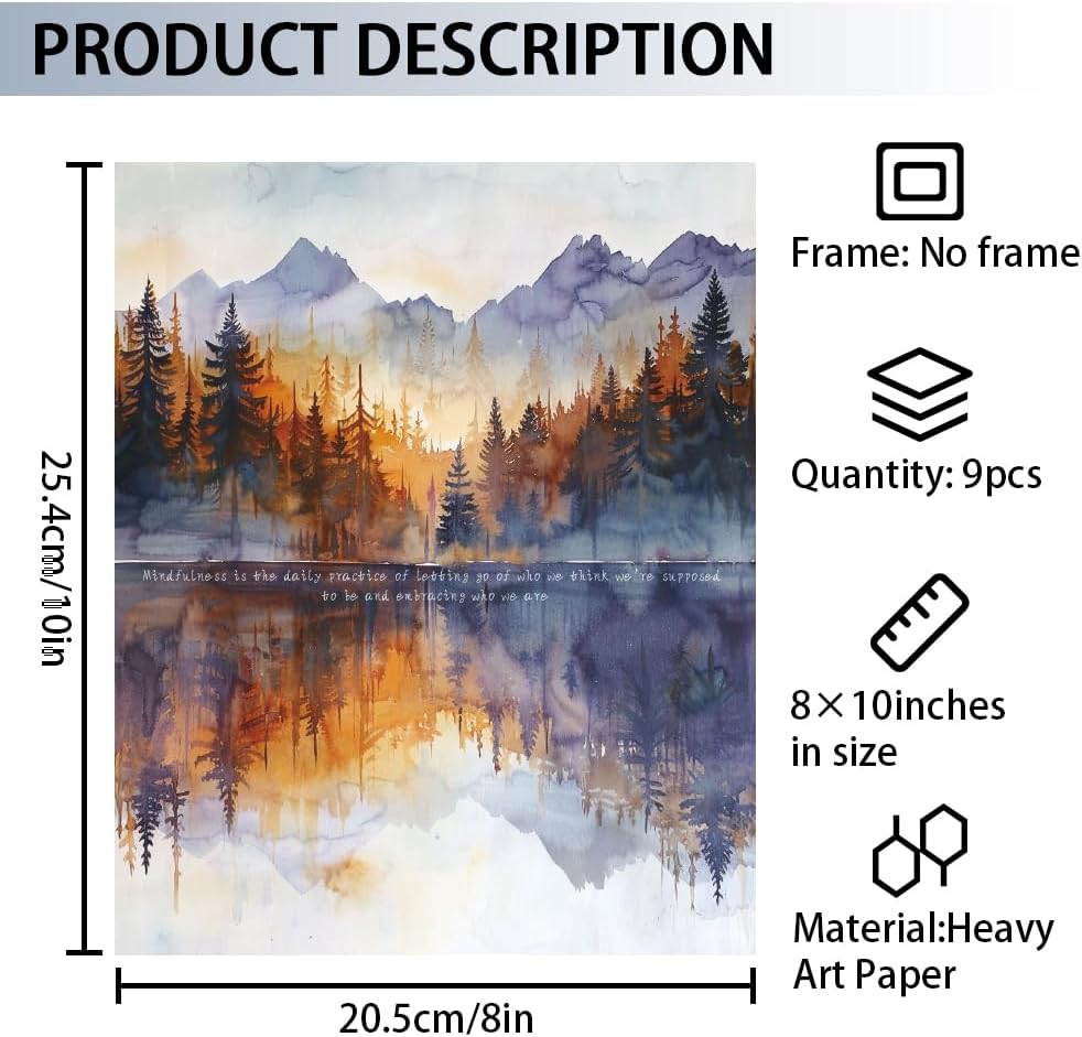 CRAFTYMELODY Watercolor Landscape Wall Art Prints Set of 9 Mental Health Poster Wall Decor Therapy Home Artworks for Living Room Bedroom Classroom Office Decoration 8x10 Inch Unframed