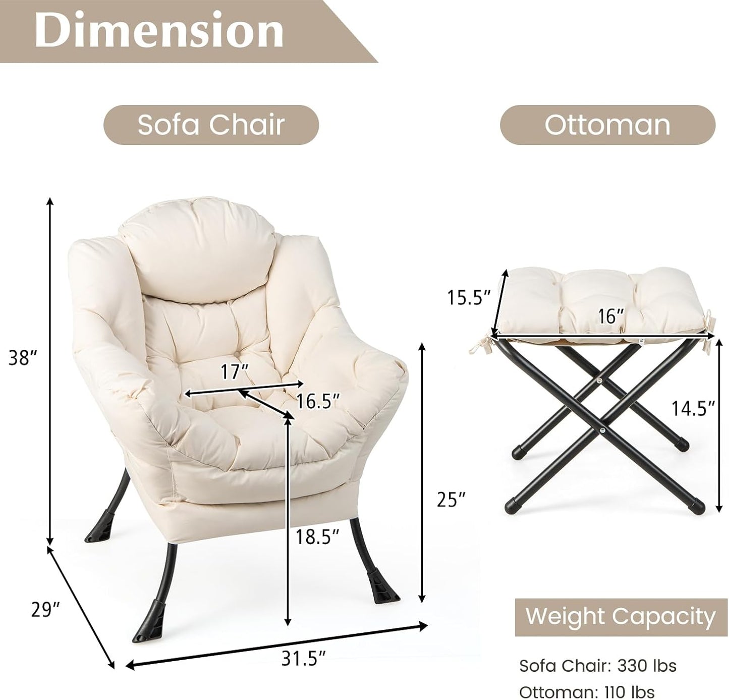 GORELAX Lazy Chair with Ottoman, Modern Accent Chair w/Armrests & Side Pocket, Upholstered Lounge Sofa Chair & Folding Footstool Set, Reading Chair for Bedroom, Living Room, Dorm Room (Beige)