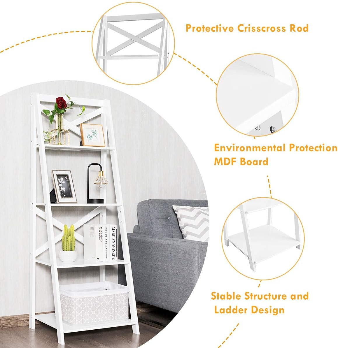 4-Layer Ladder Shelf Rack, Free Standing Wooden Bookcase, Flower Plants Display Shelf, Multifunctional Storage Bookshelf for Entryway Living Room Kitchen Bedroom Office (1, White)