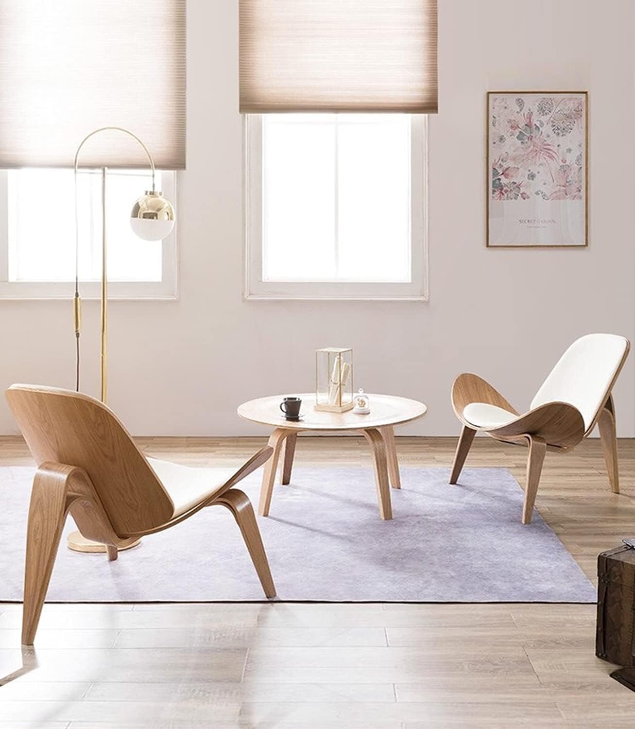Hans Wegner Style Three- Legged Shell Chair Ash Plywood White Faux Leather Accent Chair Living Room Furniture Mid-Century Modern Shell Chair (Wood Color-White)