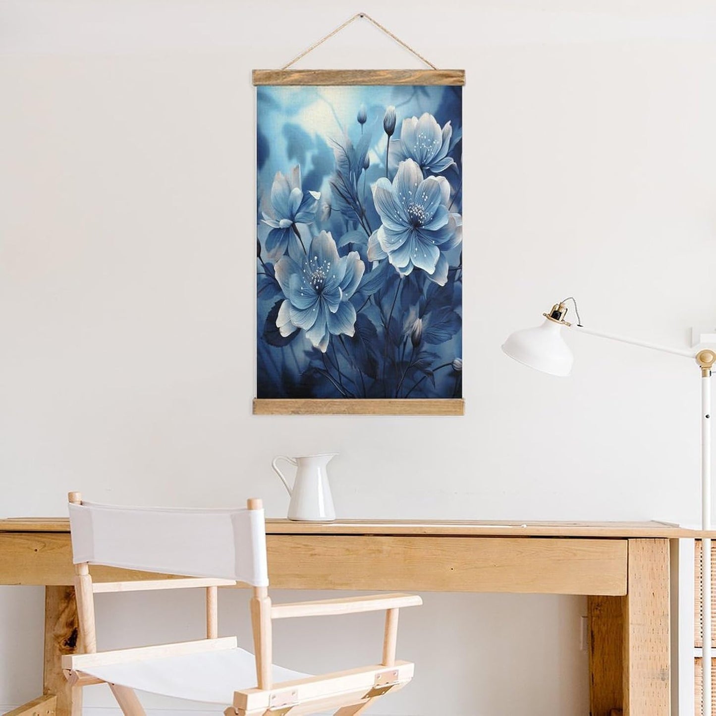 Vintage Blooming Blue Flowers Poster with Wooden Frame Personalized Linen Hanging Scroll Painting Rustic Wall Hanging Illustrative Modern Artwork Decor for Home Living Room Bedroom Office