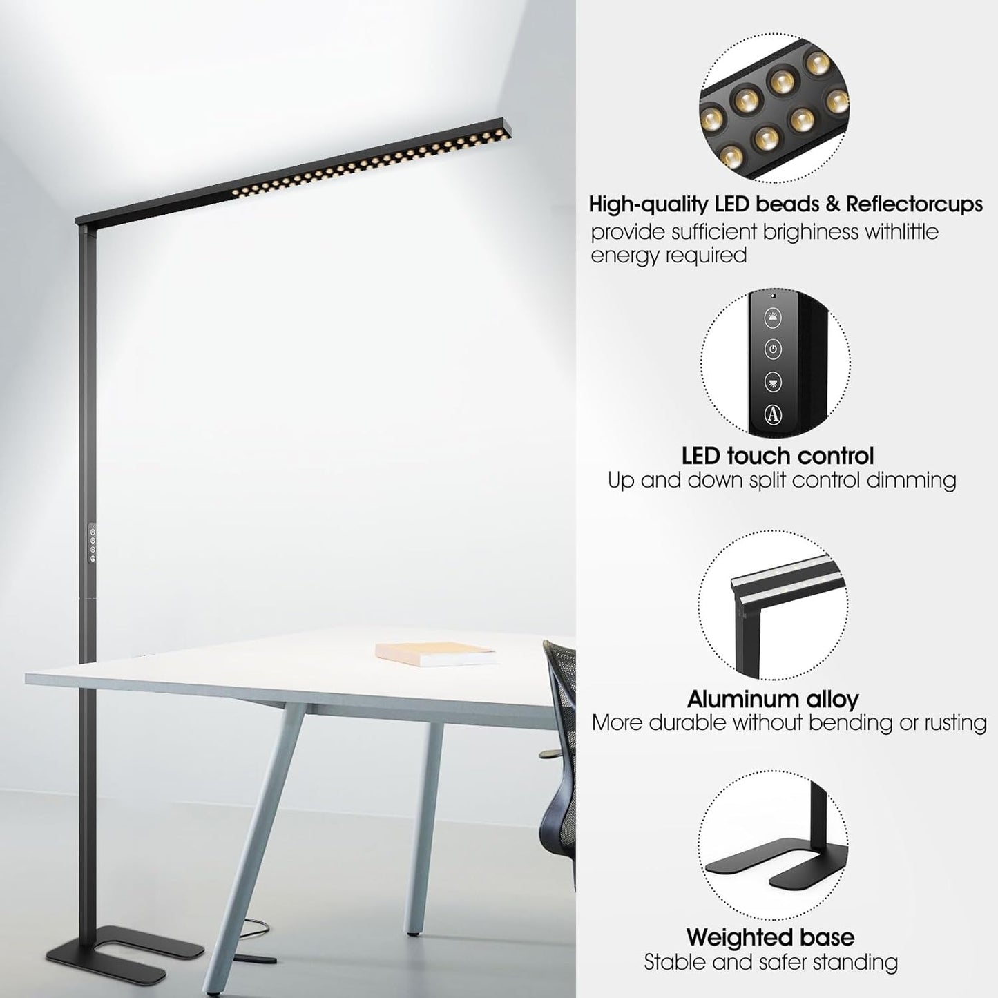 190.8cm(77인치) LED 플로어 램프, 80W 블랙 모던 프리 스탠딩 램프, 8000LM 조도 조절 가능한 고휘도 사무실 램프, 독서 공부방, 거실, 침실, 피아노룸, 회의실용, 4000K 자연 일광