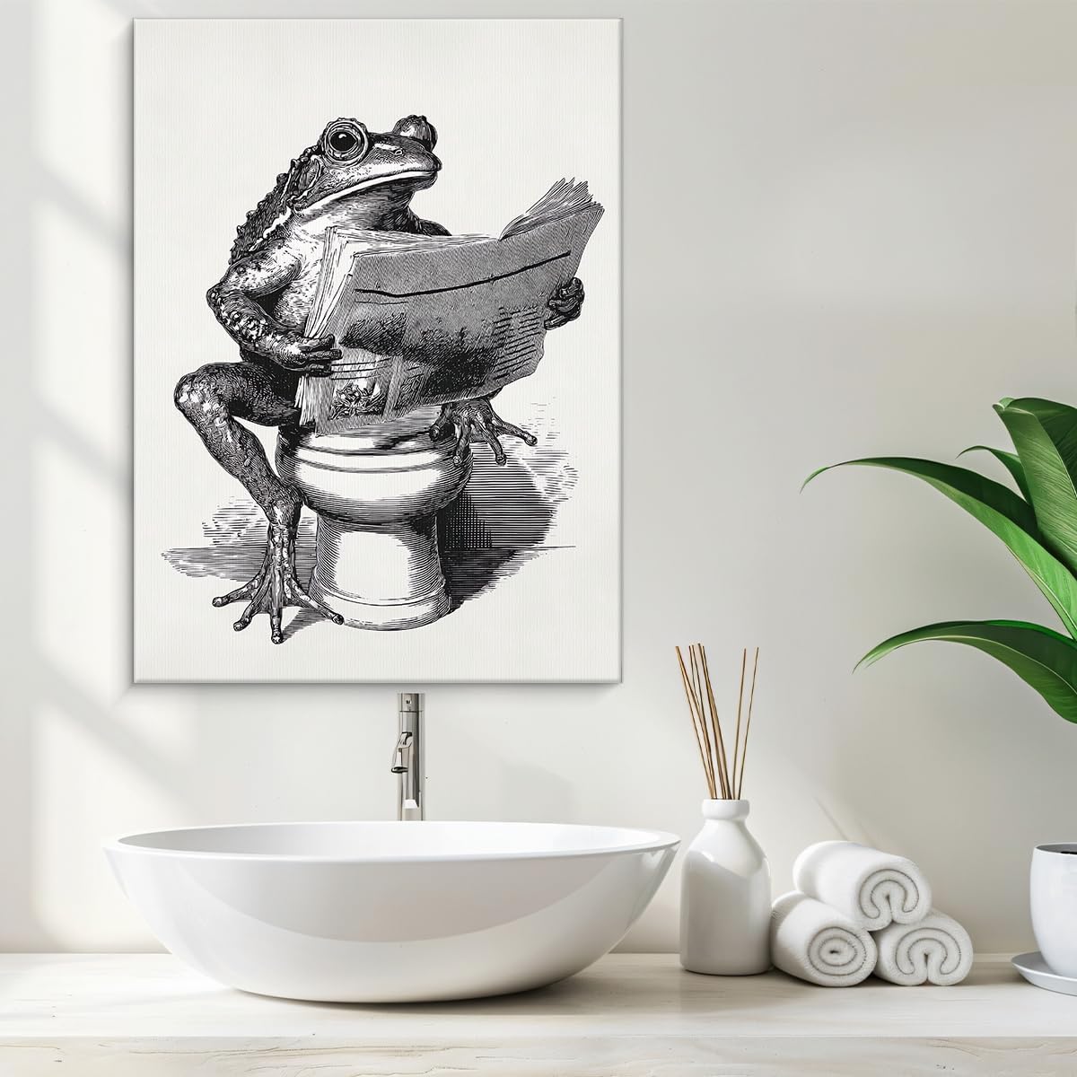 Funny Retro Toad Bathroom Wall Art Decor Toad Reading Newspaper on Toilet Print Picture Funny Animal Bathroom Wall Decor 11x15 Inch Canvas Framed
