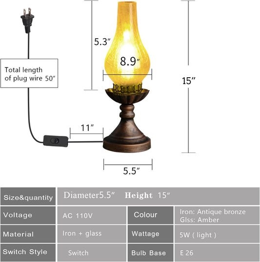 Medieval Vintage Antique Bedside Hurricane Table Lamp，Victorian Retro Amber Glass Lanterns Desk Lamp-Brown Antique Copper